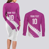 Custom New Zealand Cricket Couples Matching Long Sleeve Bodycon Dress and Long Sleeve Button Shirt Kiwi Birds Haka Dance Pink Fern Sporty Style LT03 - Polynesian Pride