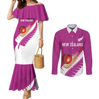Custom New Zealand Cricket Couples Matching Mermaid Dress and Long Sleeve Button Shirt Kiwi Birds Haka Dance Pink Fern Sporty Style LT03 Pink - Polynesian Pride