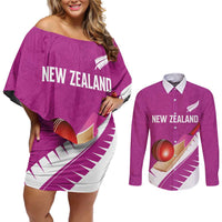 Custom New Zealand Cricket Couples Matching Off Shoulder Short Dress and Long Sleeve Button Shirt Kiwi Birds Haka Dance Pink Fern Sporty Style LT03 Pink - Polynesian Pride