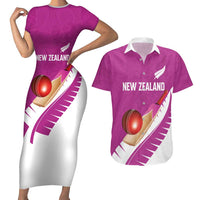 Custom New Zealand Cricket Couples Matching Short Sleeve Bodycon Dress and Hawaiian Shirt Kiwi Birds Haka Dance Pink Fern Sporty Style LT03 Pink - Polynesian Pride