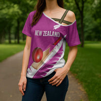 Custom New Zealand Cricket Cross Shoulder Shirt Kiwi Birds Haka Dance Pink Fern Sporty Style LT03 - Polynesian Pride