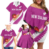 Custom New Zealand Cricket Family Matching Off Shoulder Short Dress and Hawaiian Shirt Kiwi Birds Haka Dance Pink Fern Sporty Style LT03 - Polynesian Pride