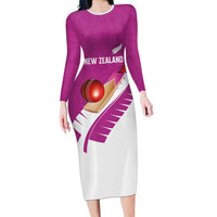 Custom New Zealand Cricket Long Sleeve Bodycon Dress Kiwi Birds Haka Dance Pink Fern Sporty Style LT03 Long Dress Pink - Polynesian Pride