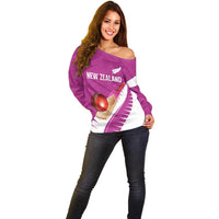 Custom New Zealand Cricket Off Shoulder Sweater Kiwi Birds Haka Dance Pink Fern Sporty Style LT03 - Polynesian Pride