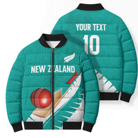 Custom New Zealand Cricket Bomber Puffer Jacket Kiwi Birds Haka Dance Turquoise Fern Sporty Style LT03 - Polynesian Pride