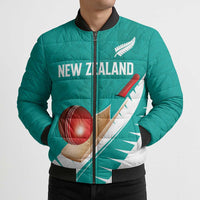 Custom New Zealand Cricket Bomber Puffer Jacket Kiwi Birds Haka Dance Turquoise Fern Sporty Style LT03 - Polynesian Pride