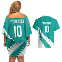 Custom New Zealand Cricket Couples Matching Off Shoulder Short Dress and Hawaiian Shirt Kiwi Birds Haka Dance Turquoise Fern Sporty Style LT03 - Polynesian Pride