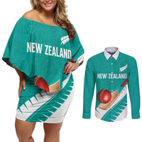 Custom New Zealand Cricket Couples Matching Off Shoulder Short Dress and Long Sleeve Button Shirt Kiwi Birds Haka Dance Turquoise Fern Sporty Style LT03 Turquoise - Polynesian Pride