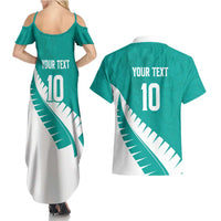 Custom New Zealand Cricket Couples Matching Summer Maxi Dress and Hawaiian Shirt Kiwi Birds Haka Dance Turquoise Fern Sporty Style LT03 - Polynesian Pride