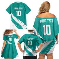 Custom New Zealand Cricket Family Matching Off Shoulder Short Dress and Hawaiian Shirt Kiwi Birds Haka Dance Turquoise Fern Sporty Style LT03 - Polynesian Pride
