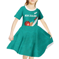 Custom New Zealand Cricket Kid Short Sleeve Dress Kiwi Birds Haka Dance Turquoise Fern Sporty Style LT03 - Polynesian Pride