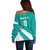 Custom New Zealand Cricket Off Shoulder Sweater Kiwi Birds Haka Dance Turquoise Fern Sporty Style LT03 - Polynesian Pride