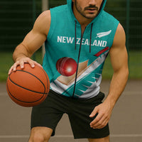 Custom New Zealand Cricket Sleeveless Zip Hoodie Kiwi Birds Haka Dance Turquoise Fern Sporty Style LT03 - Polynesian Pride