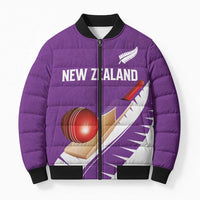 Custom New Zealand Cricket Bomber Puffer Jacket Kiwi Birds Haka Dance Purple Fern Sporty Style LT03 Unisex Purple - Polynesian Pride