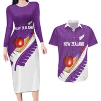 Custom New Zealand Cricket Couples Matching Long Sleeve Bodycon Dress and Hawaiian Shirt Kiwi Birds Haka Dance Purple Fern Sporty Style LT03 Purple - Polynesian Pride