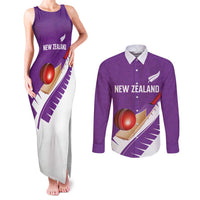 Custom New Zealand Cricket Couples Matching Tank Maxi Dress and Long Sleeve Button Shirt Kiwi Birds Haka Dance Purple Fern Sporty Style LT03 Purple - Polynesian Pride