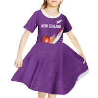 Custom New Zealand Cricket Kid Short Sleeve Dress Kiwi Birds Haka Dance Purple Fern Sporty Style LT03 - Polynesian Pride