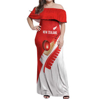 Custom New Zealand Cricket Off Shoulder Maxi Dress Kiwi Birds Haka Dance Red Fern Sporty Style LT03 Women Red - Polynesian Pride