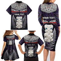New Zealand Hei Tiki Family Matching Long Sleeve Bodycon Dress and Hawaiian Shirt Maori Purple Papua Shell Pattern LT03 - Polynesian Pride