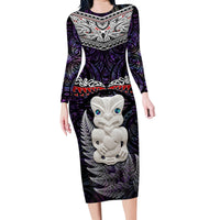 New Zealand Hei Tiki Family Matching Long Sleeve Bodycon Dress and Hawaiian Shirt Maori Purple Papua Shell Pattern LT03 Mom's Dress Purple - Polynesian Pride