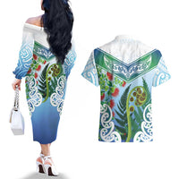 Aotearoa New Zealand Natural Plants Couples Matching Off The Shoulder Long Sleeve Dress and Hawaiian Shirt Pohutukawa with Silver Ferns Koru Frond Maori Tattoos LT03 - Polynesian Pride