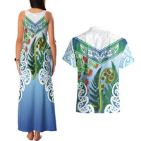 Aotearoa New Zealand Natural Plants Couples Matching Tank Maxi Dress and Hawaiian Shirt Pohutukawa with Silver Ferns Koru Frond Maori Tattoos LT03 - Polynesian Pride