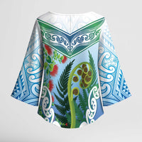 Aotearoa New Zealand Natural Plants Kimono Sleeve Blouse Pohutukawa with Silver Ferns Koru Frond Maori Tattoos LT03 - Polynesian Pride