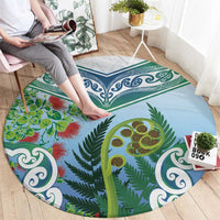 Aotearoa New Zealand Natural Plants Round Carpet Pohutukawa with Silver Ferns Koru Frond Maori Tattoos LT03 - Polynesian Pride