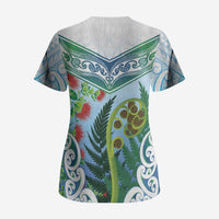 Aotearoa New Zealand Natural Plants Scrub Top Pohutukawa with Silver Ferns Koru Frond Maori Tattoos LT03 - Polynesian Pride