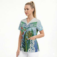Aotearoa New Zealand Natural Plants Scrub Top Pohutukawa with Silver Ferns Koru Frond Maori Tattoos LT03 - Polynesian Pride