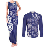 New Zealand Sea Animals with Maori Tribal Tattoo Couples Matching Tank Maxi Dress and Long Sleeve Button Shirt Blue Color LT03 Blue - Polynesian Pride
