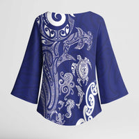 New Zealand Sea Animals with Maori Tribal Tattoo Kimono Sleeve Blouse Blue Color LT03 - Polynesian Pride