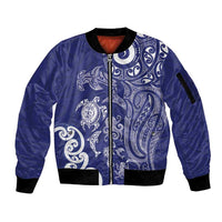 New Zealand Sea Animals with Maori Tribal Tattoo Sleeve Zip Bomber Jacket Blue Color LT03 Unisex Blue - Polynesian Pride