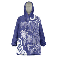 New Zealand Sea Animals with Maori Tribal Tattoo Wearable Blanket Hoodie Blue Color LT03 One Size Blue - Polynesian Pride