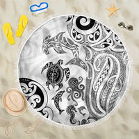 New Zealand Sea Animals with Maori Tribal Tattoo Beach Blanket White Color LT03 One Size 150cm White - Polynesian Pride