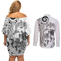 New Zealand Sea Animals with Maori Tribal Tattoo Couples Matching Off Shoulder Short Dress and Long Sleeve Button Shirt White Color LT03 - Polynesian Pride
