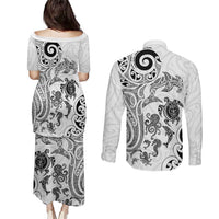 New Zealand Sea Animals with Maori Tribal Tattoo Couples Matching Puletasi and Long Sleeve Button Shirt White Color LT03 - Polynesian Pride