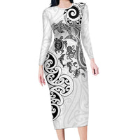 New Zealand Sea Animals with Maori Tribal Tattoo Long Sleeve Bodycon Dress White Color LT03 Long Dress White - Polynesian Pride
