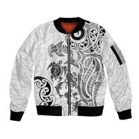 New Zealand Sea Animals with Maori Tribal Tattoo Sleeve Zip Bomber Jacket White Color LT03 Unisex White - Polynesian Pride