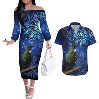 New Zealand Tui Bird Matariki Couples Matching Off The Shoulder Long Sleeve Dress and Hawaiian Shirt Maori New Year with Galaxy Fern LT03 Blue - Polynesian Pride