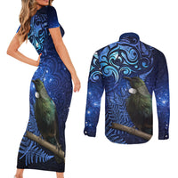 New Zealand Tui Bird Matariki Couples Matching Short Sleeve Bodycon Dress and Long Sleeve Button Shirt Maori New Year with Galaxy Fern LT03 - Polynesian Pride