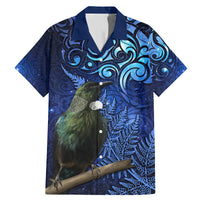 New Zealand Tui Bird Matariki Family Matching Mermaid Dress and Hawaiian Shirt Maori New Year with Galaxy Fern LT03 Dad's Shirt - Short Sleeve Blue - Polynesian Pride