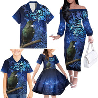 New Zealand Tui Bird Matariki Family Matching Off The Shoulder Long Sleeve Dress and Hawaiian Shirt Maori New Year with Galaxy Fern LT03 - Polynesian Pride