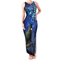 New Zealand Tui Bird Matariki Family Matching Tank Maxi Dress and Hawaiian Shirt Maori New Year with Galaxy Fern LT03 Mom's Dress Blue - Polynesian Pride