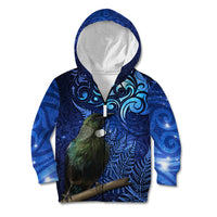 New Zealand Tui Bird Matariki Kid Hoodie Maori New Year with Galaxy Fern LT03 Zip Hoodie Blue - Polynesian Pride