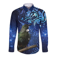 New Zealand Tui Bird Matariki Long Sleeve Button Shirt Maori New Year with Galaxy Fern LT03 Unisex Blue - Polynesian Pride