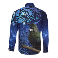 New Zealand Tui Bird Matariki Long Sleeve Button Shirt Maori New Year with Galaxy Fern LT03 - Polynesian Pride