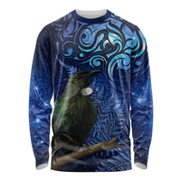 New Zealand Tui Bird Matariki Long Sleeve Shirt Maori New Year with Galaxy Fern LT03 Unisex Blue - Polynesian Pride