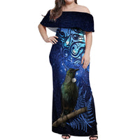 New Zealand Tui Bird Matariki Off Shoulder Maxi Dress Maori New Year with Galaxy Fern LT03 Women Blue - Polynesian Pride