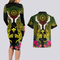 Hawaii Kanaka Maoli Couples Matching Long Sleeve Bodycon Dress and Hawaiian Shirt Double Shark and Hibiscus Flowers LT03 - Polynesian Pride